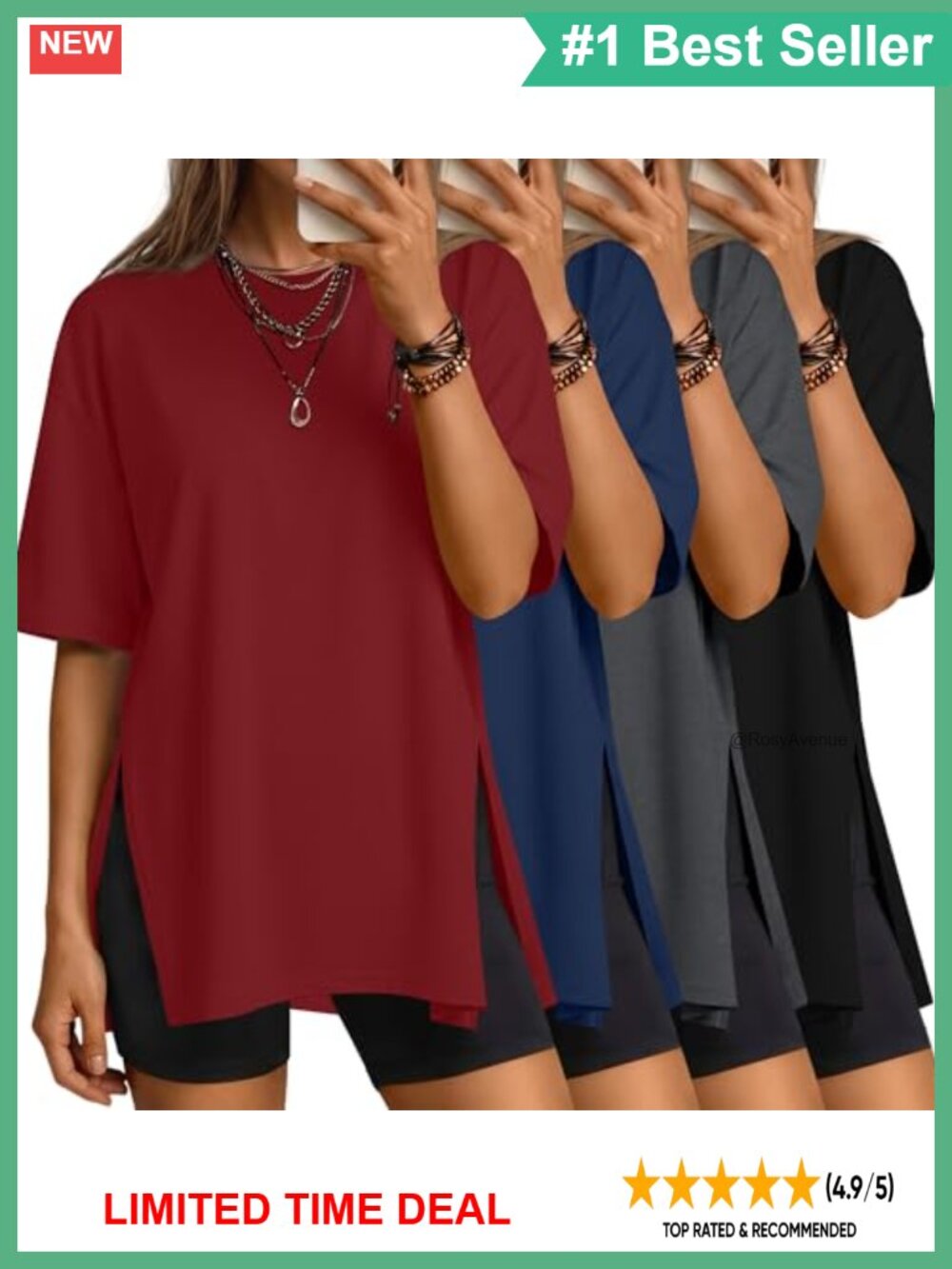 Oversized Crewneck T-Shirts 4 Pack Loose Fit Side Split Womens Tops